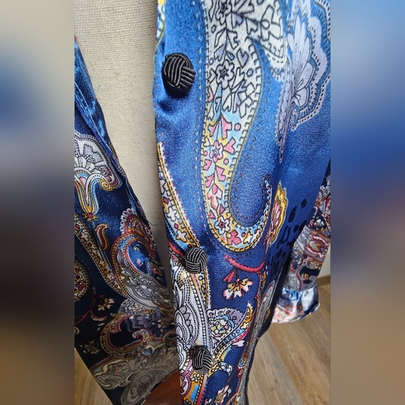 Spense Paisley Satin Blouse - Blue pink Ruffle Statement Sleeve Button Up Large - Picture 7 of 16